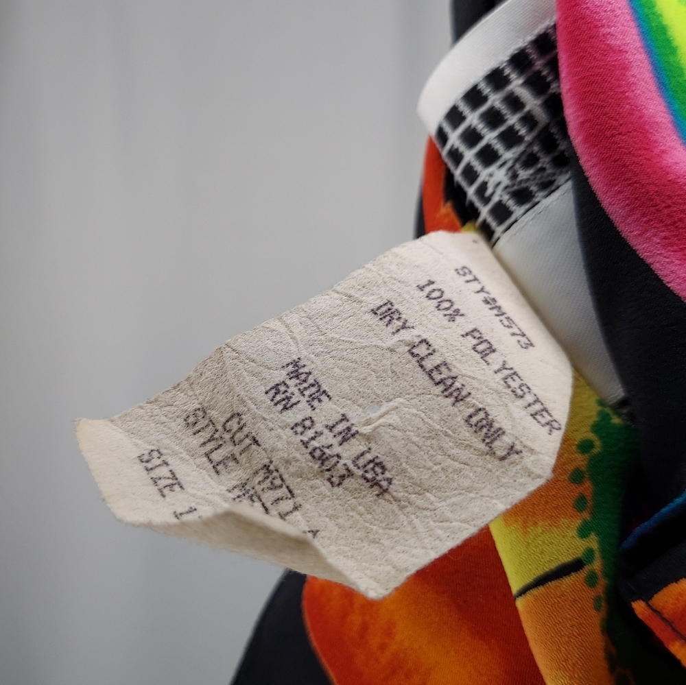 90's Vtg LABelle Button Collar Dress Multicolor Print Tie Sleeveless Midi 13 USA - Picture 10 of 12